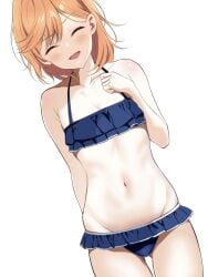 arm_behind_back bare_arms bare_belly bare_chest bare_hands bare_hips bare_legs bare_midriff bare_navel bare_shoulders bare_skin bare_thighs bare_torso bikini blue_bikini blush blush_lines blushing_at_viewer blushing_female borgbutler breasts cleft_of_venus closed_eyes collarbone cowboy_shot eyebrows_visible_through_hair facing_viewer false_smile female flat_belly flat_chest flat_chested frilled_bikini frills groin hand_behind_back hand_on_breast hand_on_chest hand_on_own_breast hand_on_own_chest head_tilt high_school_student hourglass_figure legs_together love_live! love_live!_superstar!! medium_hair navel open_mouth open_mouth_smile orange_eyebrows orange_hair orange_hair_female parted_lips petite petite_body petite_breasts petite_female petite_girl school_girl shibuya_kanon short_hair simple_background skinny skinny_female skinny_girl skinny_waist slender_body slender_waist slim_girl slim_waist smile solo swimsuit teen_girl teenage_girl teenager thin_waist tilted_head tongue v-line white_background wide_hips