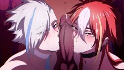 bishonen collaborative_fellatio double_fellatio face_closeup feminine gay idol kissing_penis luca_(sana) mika_(sana) pixelated_penis sana_(artist) yaoi