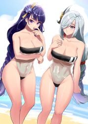 2girls beach big_breasts blue_eyes blush breasts burnt_green_tea female_only genshin_impact gris_swimsuit large_breasts multiple_girls purple_eyes purple_hair raiden_shogun shenhe_(genshin_impact) silver_hair swimsuit thick_thighs thighs