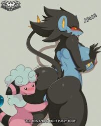 ambiguous_gender anthro anthrofied ass big_breasts big_butt blush bovid breasts caprine dialogue duo felid female female/ambiguous finger_fuck fingering flaaffy generation_2_pokemon generation_4_pokemon hair hi_res huge_breasts interspecies knightmoonlight98 larger_female luxray male_(lore) mammal moan nintendo pokemon pokemon_(species) pokemorph raised_tail red_eyes semi-anthro size_difference smaller_ambiguous smile tail text thick_thighs tongue tongue_out vaginal_penetration white_hair wool_hair