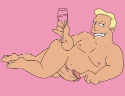 1boy funkiebara futurama glass lying male_focus male_only muscle nude penis presenting smile solo toony zapp_brannigan