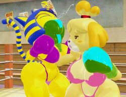 2girls 3d 3d_(artwork) animal_crossing ankha anthro big_breasts big_thighs blue_eyes blue_hair boxing boxing_gloves boxing_ring bra breasts catfight cleavage closed_eyes curvy duo female_focus female_only fight fighting fighting_ring furry gloves green_boxing_gloves green_gloves gym half-closed_eyes huge_breasts indoors isabelle_(animal_crossing) josugomezofficialnew large_breasts lingerie long_tail nintendo open_mouth pink_bra pink_lingerie pink_thong punch punching purple_boxing_gloves purple_gloves ryona saliva tail thick thick_thighs thighs uppercut vs wide_hips yellow_hair