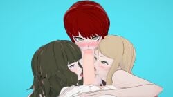 angry_expression blonde_hair blowjob blue_background blush cooperative_fellatio danganronpa danganronpa_2:_goodbye_despair embarrassed fffm fffm_foursome freckles freckles_on_face green_eyes green_hair koikatsu koizumi_mahiru kuzuryuu_natsumi purple_eyes red_hair sato_(danganronpa) snapshot_(mahirushusband)