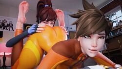 2girls 3d ass ass_up barefoot big_feet brown_hair d.va face_down_ass_up feet female female/female female_focus female_only foot_focus legs_held_open legs_up lesbian_sex licking licking_ass metjid only_female overwatch overwatch_2 pink_soles pleasure_face pleasured short_hair soles toes tracer yuri