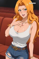 1girls ai_generated big_breasts bleach blesseddo boob_window breasts cleavage long_hair looking_at_viewer matsumoto_rangiku orange_hair rangiku_matsumoto solo