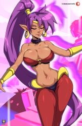 1girls absurd_res alternate_breast_size closed_eyes dancing earrings female female_only kyoffie large_breasts long_hair o-ring_top pointy_ears ponytail purple_hair red_pants red_topwear shantae shantae_(character) solo