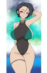 1girls alternate_costume arm_behind_head bare_arms bare_thighs black_hair black_one-piece_swimsuit black_swimsuit breasts choker covered_navel female fire_emblem fire_emblem:_three_houses fire_emblem_heroes grin in2naps large_breasts looking_at_viewer nintendo ocean official_alternate_costume one-piece_swimsuit outdoors purple_eyes shamir_nevrand shamir_nevrand_(summer) short_hair sideboob skindentation smile swimsuit thick_thighs thighs