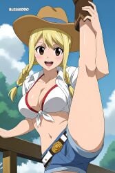 1girls ai_generated blesseddo blonde_hair boob_window fairy_tail leg_grab leg_up looking_at_viewer lucy_heartfilia short_hair solo