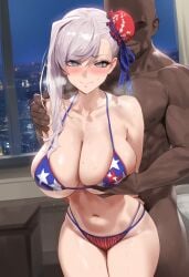 ai_generated asian_female big_breasts bikini blue_hair curvy dark-skinned_male fate/grand_order fate_(series) light-skinned_female mikayori miyamoto_musashi_(fate) miyamoto_musashi_(swimsuit_berserker) pink_hair straight