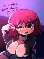 1girls areola_slip arm_up black_eyes blush breasts crossxvii cum cum_on_breasts cum_on_face cum_on_hair cum_on_hand cum_string female freckles freckles_on_breasts freckles_on_face kim_pine open_clothes open_jacket partially_clothed red_hair scott_pilgrim short_hair solo solo_female