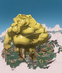 appledectomy belly bighurso bodily_fluids elephant elephantid foreskin genital_fluids genitals hi_res macro mammal micro musclegut muscular nude penis precum proboscidean stomping towering