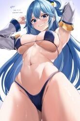 abfry aqua_(konosuba) armpit arms_up armwear belly_button bikini blue_bikini blue_eyes blue_hair female_focus female_only from_below goddess kono_subarashii_sekai_ni_shukufuku_wo! long_hair low-angle_view low_angle medium_breasts navel simple_background sleeves solo thighs underboob