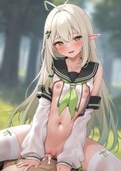 1boy antenna_hair blurry blurry_background blush breasts censored collarbone cowgirl_position detached_sleeves female forest green_eyes hair_between_eyes hair_ornament karutamo long_hair looking_at_viewer nature navel nipples open_mouth original outdoors pointy_ears sex small_breasts smile solo_focus straddling straight sweat thighhighs thighs white_hair white_sleeves white_thighhighs