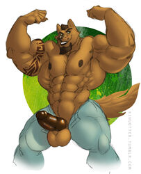 beard biceps big_penis bottomwear brown_fur canid canine canis clothed clothing erection facial_hair flexing fur green_eyes huge_muscles kihu male male_only mammal muscular muscular_male nipples pants partially_clothed pecs penis solo tattoo tight_bottomwear tight_clothing tight_pants topless tremorwolf wolf