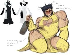 1boy baimonbluewhale blush crossdressing drunk english_text gay hairy hairy_arms hairy_chest hairy_legs heart_cutout holding_bottle james_howlett large_pectorals logan_(x-men) male marvel muscles muscular_male revealing_clothes short_hair solo sweater_dress thick_thighs thighhighs wolverine_(x-men) x-men