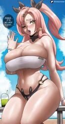 1female 1girls absurdres big_breasts boba_tea breasts echosaber english_text fat_breasts female flat_belly large_breasts long_hair nicole_demara pink_hair sweating thick_thighs voluptuous zenless_zone_zero