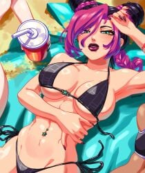 1girls abs beach belly_button belly_button_piercing big_breasts bikini black_bikini black_hair braided_hair breasts cleavage ermes_costello female female_only foo_fighters french_nails gamusaur green_eyes hair_buns human jojo's_bizarre_adventure jolyne_kujo light-skinned_female lips lipstick long_fingernails long_nails lying_on_back makeup nail_polish painted_fingernails painted_nails piercing purple_hair revealing_clothes sand sideboob skimpy_clothes solo_focus toned toned_female towel two_tone_hair