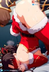 1boy 1boy1girl ai_generated ass_up bandage bed big_ass big_breasts christmas_outfit curvy fate/grand_order fate_(series) female grabbing_ass ishtar_(fate) juanpi_amvs patreon patreon_username penetration penetration_from_behind sex sex_from_behind sex_on_bed watermark