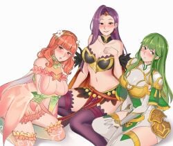 3girls :o alternate_costume arm_support armor bangs bare_arms bare_midriff bare_shoulders bare_thighs bellfonts blush boots breastplate breasts brown_eyes capelet celica_(fire_emblem) celica_(resplendent)_(fire_emblem) cleavage collarbone dress earrings fairy_wings female female_only fire_emblem fire_emblem_echoes:_shadows_of_valentia fire_emblem_heroes flower green_eyes green_hair grin hair_flower hairband hand_on_own_chest kneeling large_breasts legs long_hair looking_at_viewer midriff multiple_girls navel nintendo official_alternate_costume open_mouth orange_eyes orange_hair palla_(falcon_knight)_(fire_emblem) palla_(fire_emblem) pelvic_curtain purple_hair shoulder_pads shoulders sitting skirt smile sonya_(fire_emblem) sonya_(resplendent)_(fire_emblem) thick_thighs thigh_boots thighhighs thighs very_long_hair white_background wings