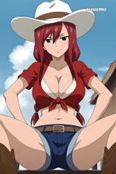 1girls ai_generated blesseddo boob_window cleavage cowboy_hat erza_scarlet fairy_tail long_hair looking_at_viewer pov red_hair solo squatting