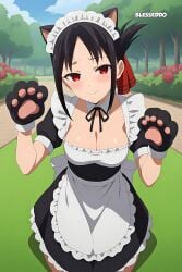 1girls ai_generated blesseddo breasts cat_ears cleavage kaguya-sama_wa_kokurasetai_~tensai-tachi_no_renai_zunousen~ looking_at_viewer maid maid_headdress maid_uniform red_eyes shinomiya_kaguya short_hair solo