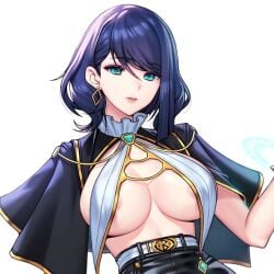 areola_slip areolae belt big_breasts black_cape black_shorts blue_eyes blue_hair breast_curtains cape choney color earrings exposed_breasts eyebrows_visible_through_hair female female_focus female_only fringe fringe_hair game_cg hair_behind_ear hair_between_eyes last_origin looking_at_viewer machina_(last_origin) mantle medium_hair no_bra short_cape shorts skimpy skimpy_clothes transparent_background upper_body white_belt