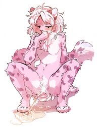 2019 anthro blush bodily_fluids breasts claws convenient_censorship featureless_breasts felid female fluffy fur genital_fluids hair hi_res mammal miri omorashi pantherine paws peeing pink_eyes pink_fur pink_hair pink_nose pink_spots simple_background snow_leopard solo spots tears toes urine urine_pool watersports white_claws white_fur white_hair