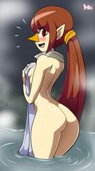 1girls aged_up artist_name ass bad_censor beak bigdeadalive blush brown_hair censored covered_nipples covering curvy female hair long_hair medli nintendo nude red_eyes rito teenage_girl the_legend_of_zelda the_wind_waker video_games water watermark wind_waker