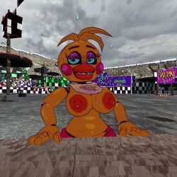 3d ai_generated animatronic anthro bib big_breasts blue_eyes breasts chicken eyeshadow five_nights_at_freddy's five_nights_at_freddy's_2 fnaf retro_toy_chica scottgames toy_chica_(fnaf)