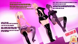 3boys 3d 3girls ball_crushing black_hair blonde_hair bootjob boots cock_and_ball_torture cold_(numbersguy) cum english_text facesitting female femdom femdom_caption footjob koikatsu legjob male malesub ninja_(numbersguy) numbersguy original small_penis small_penis_humiliation text warm_(numbersguy)