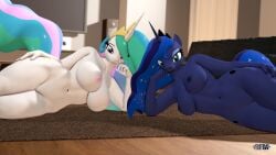 16:9 3d_(artwork) alicorn anthro anthroponiessfm breasts crown digital_media_(artwork) duo equid equine female female_anthro friendship_is_magic genitals hasbro headgear hi_res horn looking_at_viewer lying mammal my_little_pony mythological_creature mythological_equine mythology nipples nude on_side princess_celestia_(mlp) princess_luna_(mlp) pussy sibling_(lore) sister_(lore) sisters sisters_(lore) tiara widescreen wings