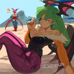 2demons 2girls ass ass_envy beach big_ass big_breasts bikini breast_envy breasts bubble_butt busty darkstalkers dat_ass demon demon_girl fat_ass female female_only flat_chest green_eyes green_hair huge_ass jealous large_ass large_breasts lilith_aensland lying lying_on_stomach morrigan_aensland outdoors pk_draws_40 purple_hair red_eyes sideboob sitting succubi succubus sweat sweaty_body swimsuit thick_ass thick_thighs wide_hips