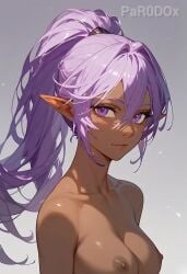 aisha between dark-skinned ears, eyes eyes, female, hair hair, high lavender pointy ponytail, purple udgard,