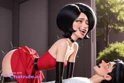 1girl ai_assisted ai_generated big_hair black_elbow_gloves black_hair choker cock_in_pussy collar cowgirl creampie despicable_me embarrassed green_eyes harness inside leaning_forward lipstick long_nose moaning outside parted_bangs pussy_sex red_dress rolling_eyes saliva seductive shaking short_hair side_view skirt smirk stockings strapless tree upper_body white_shirt