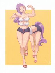 4_legs 6_breasts accessworld bra bracelet centaur centauress high_heels human human_taur multi_breast multi_leg multi_limb open_mouth painted_nails purple_hair taur