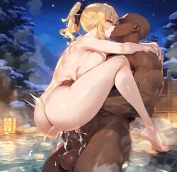 1boy 1girls ai-created ai_generated ass bald bangs barefoot bathing black_bow blonde_hair blue_eyes blush bow breasts completely_nude curvaceous curvaceous_female curvaceous_figure curvy curvy_figure dark-skinned_male dark_skin erection faceless faceless_male feet female female female_focus french_kiss genshin_impact hair_ornament hairbow hug interracial jean_(genshin_impact) jean_gunnhildr kissing large_breasts large_penis long_hair male manly night night_sky nipples nude onsen outdoors overflow partially_submerged penis ponytail semen sex sidelocks sky stand_and_carry_position steam straight sweat testicles thighs tied_hair tongue uncensored upright_straddle vaginal_penetration voluptuous voluptuous_female waifulover water wet