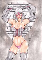 1girls 2015 abstract_background animal_ears batman_(series) belly_button big_breasts bimbo blue_eyes breasts brick brick_wall bricks bunny_ears bunny_girl bunnysuit busty cleavage corset curvaceous curvy dated dc dc_comics deviantart distracting_watermark ed_benes_studio eyeshadow female female_only gloves hand_on_ear human jaina_hudson lanio_sena large_breasts long_ears long_hair makeup mascara mask metahuman midriff navel new_52 panties pink_corset pink_lips pink_lipstick pink_panties pink_thong pinup purple_mask signature sleeves solo stockings stomach supervillain thighs thong voluptuous watermark white_corset white_gloves white_hair white_rabbit white_rabbit_(dc) white_sleeves white_stockings