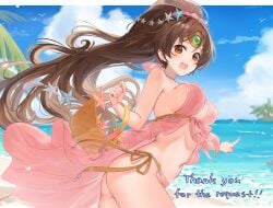 1girls alternate_costume ass basket beach big_ass bikini bird bouncing_breasts breasts brown_eyes brown_hair circlet cloud commission day english_text female female female_only fire_emblem fire_emblem:_mystery_of_the_emblem fire_emblem_heroes haru_(nakajou-28) large_breasts linde_(fire_emblem) linde_(summer)_(fire_emblem) long_hair looking_at_viewer medium_breasts navel nintendo ocean official_alternate_costume open_mouth outdoors palm_tree pink_bikini pink_swimsuit pointing ponytail side-tie_bikini_bottom sideboob skeb_commission sky solo starfish starfish_hair_ornament summer swimsuit thank_you tree very_long_hair