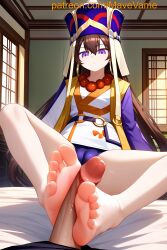 ai_generated bare_feet brown_hair cock dick earrings fate/grand_order foot_fetish footjob masturbation mave_vame penis penis_on_foot purple_eyes xuanzang_(fate)