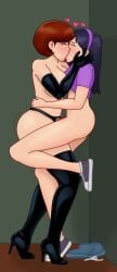 2girls ass big_breasts black_hair breasts brown_hair canonlewd female female_only hairband helen_parr incest kissing large_breasts medium_hair milf mother_and_daughter multiple_girls purple_hairband sex strap-on the_incredibles violet_parr yuri