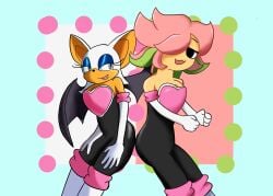 anthro anthro_only ass_smack blue_eyelids bodysuit footwear gloves green_hair leggings lipstick open_mouth pink_hair pink_lips pink_lipstick rouge_the_bat rouge_the_bat_(cosplay) short_cxke sonic_(series) thick_ass thick_thighs white_fur