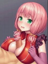 1boy bang_dream! bar_censor between_breasts blush breasts censored eyebrows_visible_through_hair female frilled_sleeves frills green_eyes hands_on_breasts lambda_(kusowarota) large_breasts low_twintails medium_hair open_mouth paizuri paizuri_under_clothes penis pink_hair shiny shiny_skin straight sweat symbol-shaped_pupils twintails uehara_himari unzipped