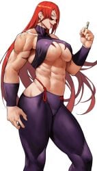 1girls abs absurd_res biceps breasts cleavage fuma_kotaro_(tenkaichi) hi_res holding_object large_breasts looking_at_viewer muscular muscular_arms muscular_female muscular_legs muscular_thighs navel obliques red_eyes red_hair simple_background solo tattoo tenkaichi_nihon_saikyou_bugeisha_ketteisen thick_legs thick_thighs thighhighs thighs tongue tongue_out underboob very_long_hair visible_nipples white_background yoshi55level