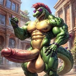 1boy ai_generated alligator anthro anthro_focus anthro_only boner casual_erection casual_nudity erection five_nights_at_freddy's five_nights_at_freddy's:_security_breach fnaf green_body green_scales green_skin huge_cock hyper hyper_penis male male_focus male_only montgomery_gator_(fnaf) muscular muscular_male nipples nude nude_male penis public public_nudity purple_sunglasses red_hair scalie scalie_male scalie_only solo solo_focus solo_male sunglasses yellow_body yellow_scales yellow_skin
