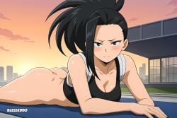 1girls ai_generated ass blesseddo boku_no_hero_academia booty breasts cleavage female female_only long_hair looking_at_viewer momo_yaoyorozu my_hero_academia no_panties ponytail