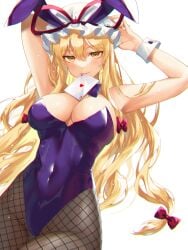 1girls big_breasts blonde_female blonde_hair breasts bunnysuit female female_only kirisita light-skinned_female light_skin long_hair looking_at_viewer mature_female milf mob_cap navel_visible_through_clothes object_in_mouth playing_card touhou yellow_eyes yukari_yakumo