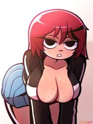 1girls areola_slip black_eyes breasts crossxvii female freckles freckles_on_breasts freckles_on_face kim_pine light-skinned_female light_skin open_clothes open_jacket partially_clothed red_hair scott_pilgrim short_hair solo solo_female