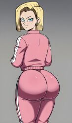 ai_generated android_18 ass back_view big_ass big_breasts breasts clothed dragon_ball dragon_ball_super dragon_ball_z female female_focus female_only full_body fully_clothed huge_ass looking_at_viewer looking_back milf tracksuit