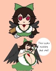 1girls big_breasts blush_lines breasts brown_hair cleavage clothed_female fumo_plush huge_breasts hyper_breasts light-skinned_female long_hair meme pink_background plushie red_eyes skirt solo solo_female touhou utsuho_reiuji wings zedrin