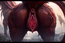 ai_generated alien alien_girl ass ass_focus big_ass big_butt female female_only feral from_behind from_behind_angle huge_ass monster monster_girl pussy pussy_juice pussy_juice_drip quadruped scalie unusual_pussy